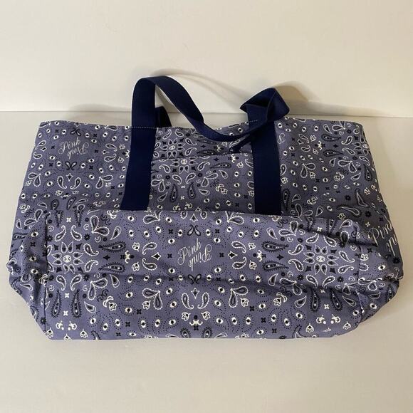 PINK Victoria's Secret Tote Bag Blue Bandana Print Large Travel Beach Carry All - Picture 7 of 14